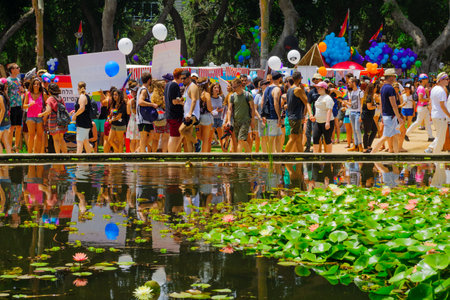 TEL-AVIV, ISRAEL - JUNE 03, 2016: A crowd of people gathered at Meir Park, prior to the Pride Parade in Tel-Aviv, Israel. Its part of an annual event of the LGBT communityのeditorial素材