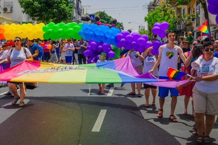 TEL-AVIV, ISRAEL - JUNE 03, 2016: A crowd of people march in the Pride Parade in the streets of Tel-Aviv, Israel. Its part of an annual event of the LGBT communityのeditorial素材