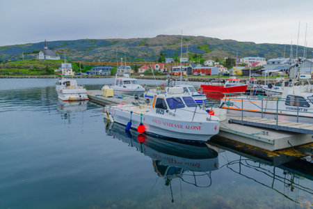HOLMAVIK, ICELAND - JUNE 18, 2016: View of the town, fishing port and the church in Holmavik, the west fjords region, Icelandのeditorial素材