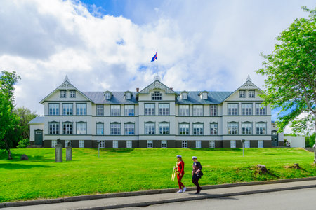 AKUREYRI, ICELAND - JUNE 17, 2016: View of the Akureyri Junior College, with Locals, in Akureyri, Icelandのeditorial素材