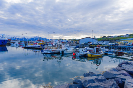HUSAVIK, ICELAND - JUNE 15, 2016: View of the fishing harbor of Husavik, northeast Icelandのeditorial素材
