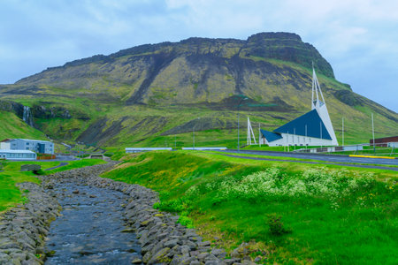 OLAFSVIK, ICELAND - JUNE 19, 2016: View of the church of Olafsvik, in the Snaefellsnes peninsula, west Icelandのeditorial素材