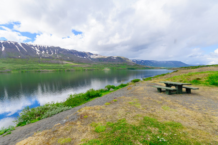 Ljosavatn Lake, in the Pass Ljosavatnsskard near the mouth of Valley Bardardalur. North-Central Icelandの写真素材