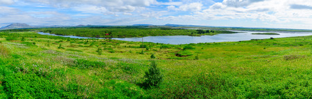Panorama of landscape and the Olfusa River, in southern Icelandの写真素材