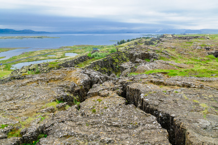View of the continental drift in Thingvellir National Park, Icelandの写真素材
