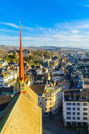 An aerial view of the Old Town (Altstadt) of Zurich, Switzerlandの写真素材