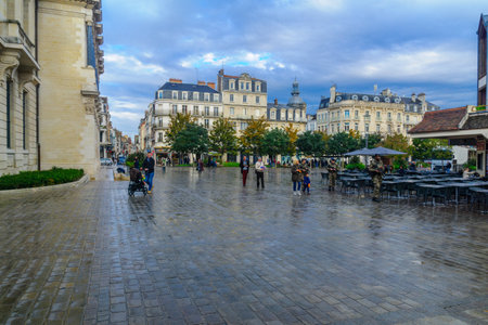 TROYES, FRANCE - OCTOBER 17, 2016: Scene of Alexandere Israel square in the old town, with old houses, locals, visitors and security men, in Troyes, Champagne, Franceのeditorial素材