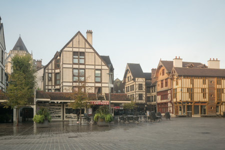 TROYES, FRANCE - OCTOBER 18, 2016: Scene of Alexandere Israel square in the old town, with old half-timbered houses, locals and visitors, in Troyes, Champagne, Franceのeditorial素材