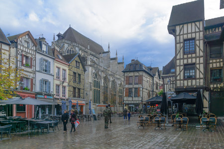 TROYES, FRANCE - OCTOBER 17, 2016: Scene of Alexandere Israel square in the old town, with old...