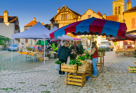 NOYERS-SUR-SEREIN, FRANCE - OCTOBER 12, 2016: Market scene with sellers and shoppers, in the medieval village Noyers-sur-Serein, Burgundy, Franceのeditorial素材