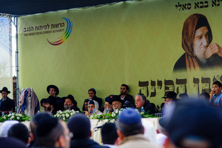NETIVOT, ISRAEL - JANUARY 30, 2017: Rabbi Baba Baruch speaks to the crowd in the annual hillula of his father (Israel Abuhatzeira, Baba Sali) memory. In Netivot, Israelのeditorial素材