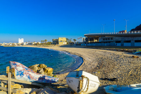 HAIFA, ISRAEL - FEBRUARY 05, 2017: View of the Bat-Galim coast and Neighborhood, with boats and visitors, in Haifa, Israelのeditorial素材