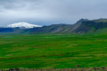 Landscape and the Snaefellsjokull volcano, in the Snaefellsnes peninsula, west Icelandの写真素材