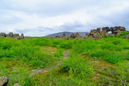 The Dimmuborgir area, with various volcanic caves and rock formations. Near Lake Myvatn, Northeast Icelandの写真素材