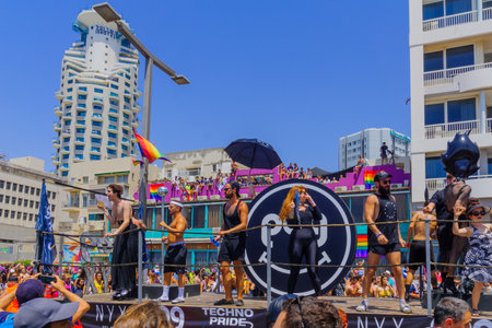 TEL-AVIV, ISRAEL - JUNE 09, 2017: Dancers on a truck entertain the crowd during the annual pride parade of the LGBT community, in the streets of Tel-Aviv, Israelのeditorial素材