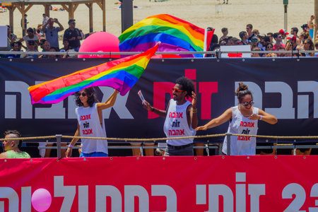 TEL-AVIV, ISRAEL - JUNE 09, 2017: Dancers on a truck entertain the crowd during the annual pride parade of the LGBT community, in the streets of Tel-Aviv, Israelのeditorial素材