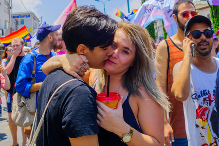HAIFA, Israel - June 30, 2017: Participants in the annual pride parade of the LGBT community, in the...