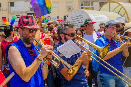 HAIFA, Israel - June 30, 2017: People play music, as part of the annual pride parade of the LGBT community, in the streets of Haifa, Israelのeditorial素材