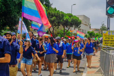 HAIFA, Israel - June 30, 2017: People march in the annual pride parade of the LGBT community, in the streets of Haifa, Israelのeditorial素材