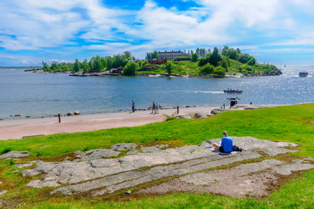 HELSINKI, FINLAND - JUNE 16, 2017: Scene of the Merisatama promenade, with locals and visitors, in Helsinki, Finlandのeditorial素材