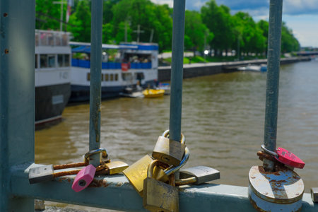 TURKU, FINLAND - JUNE 23, 2017: View of the Love Locks on the Theatre bridge, and the Aura river, in Turku, Finlandのeditorial素材