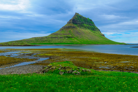 Landscape and the Kirkjufell mountain (Church mountain), in the Snaefellsnes peninsula, west Icelandの写真素材