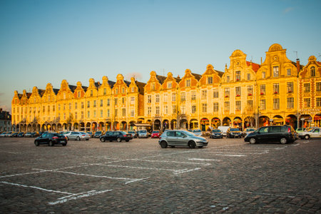 ARRAS, FRANCE - SEPTEMBER 14, 2012: Sunset view of the Main Square (Place des Heros), with locals and visitors, Arras, Franceのeditorial素材