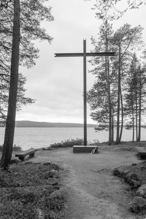ROVANIEMI, FINLAND - JUNE 22, 2017: Mausoleum and memorial for German soldier who died in WWII, Lake Norvajarvi, north of Rovaniemi, Lapland, Finlandのeditorial素材