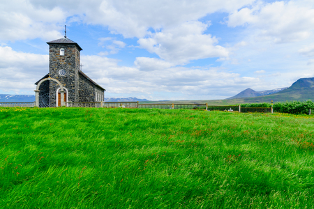 View of the old church of Thingeyrar, northwest Icelandの写真素材