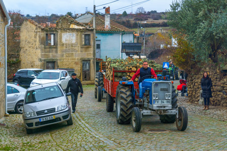 DUAS IGREJAS, PORTUGAL - DECEMBER 26, 2017: Villagers take part and carry woods, in the celebration of Santo Estevao, as part of Christmas event, in Duas Igrejas, Portugalのeditorial素材