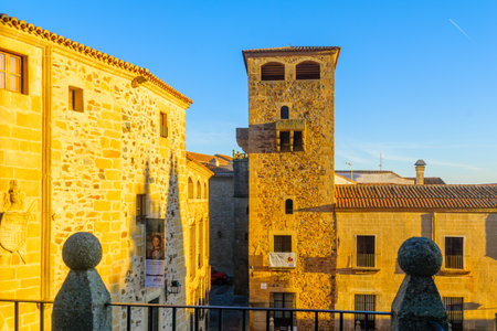 CACERES, SPAIN - DECEMBER 22, 2017: Sunrise view of the Los Golfines de Abajo Palace, in Caceres, Extremadura, Spainのeditorial素材