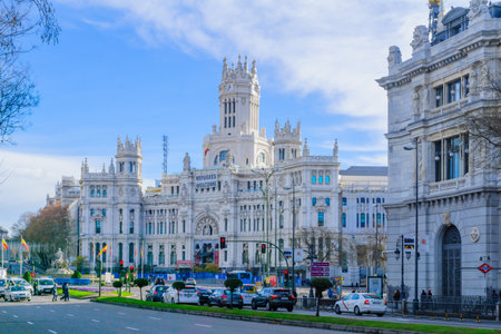 MADRID, SPAIN - JANUARY 1, 2018: View of the Cybele Palace, with locals and visitors, in Madrid, Spainのeditorial素材