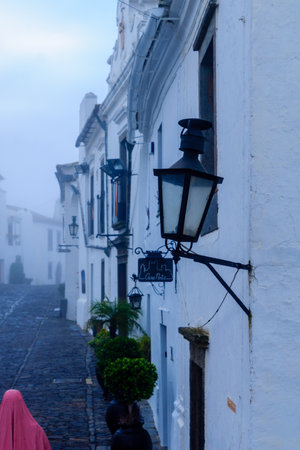 MONSARAZ, PORTUGAL - DECEMBER 30, 2017: View of Direita street (the main street) in the historic village, with local businesses, in Monsaraz, Portugalのeditorial素材