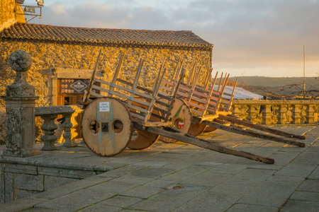 MIRANDA DO DOURO, PORTUGAL - DECEMBER 27, 2017: Wagon of donated woods (for Christmas fire) near the Cathedral, in the historic old town of Miranda do Douro, Portugalのeditorial素材
