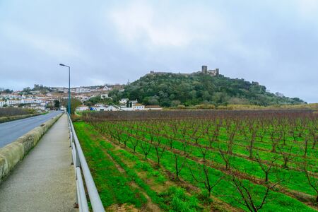 View of the fortified town and nearby fields, in Obidos, Portugalの写真素材