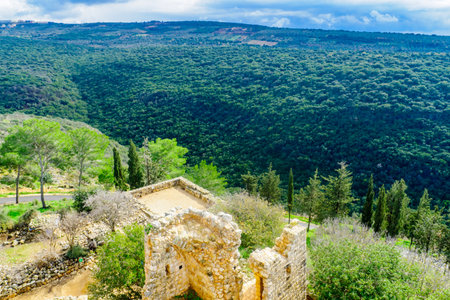 Remains of the Yehiam Fortress, from the Crusader and Ottoman period, and landscape of Yehiam Stream, in the western Upper Galilee, Northern Israelのeditorial素材