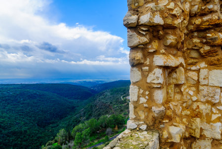 Remains of the Yehiam Fortress, from the Crusader and Ottoman period, and landscape of Yehiam Stream, in the western Upper Galilee, Northern Israelのeditorial素材
