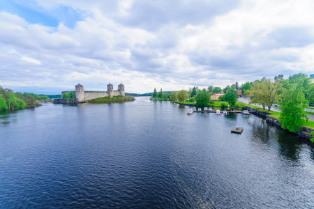 View of the Olavinlinna castle, in Savonlinna, Finland. It is a 15th-century three-tower castleのeditorial素材