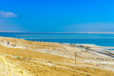 Desert landscape and salt evaporation ponds in the southern section of the Dead Sea, Southern Israelの写真素材