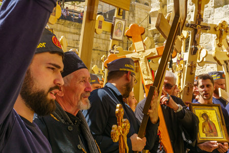 Jerusalem, Israel - April 6, 2018: Orthodox good Friday scene in the entry yard of the church of the...