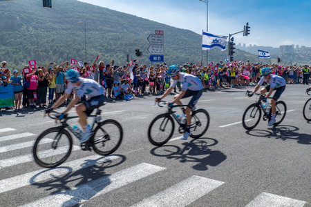 YAGUR, ISRAEL - MAY 05, 2018: Scene of stage 2 of 2018 Giro d Italia, with cyclists and spectators, in Yagur, Israelのeditorial素材