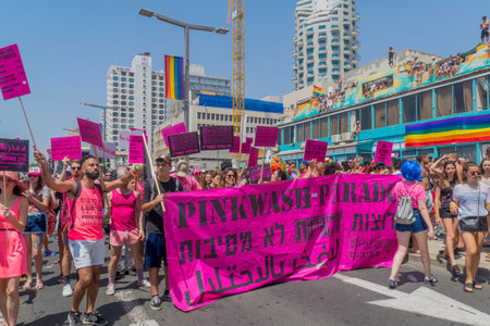 TEL-AVIV, ISRAEL - JUNE 08, 2018: Various people march and take part in the annual pride parade of the LGBT community, in Tel-Aviv, Israelのeditorial素材