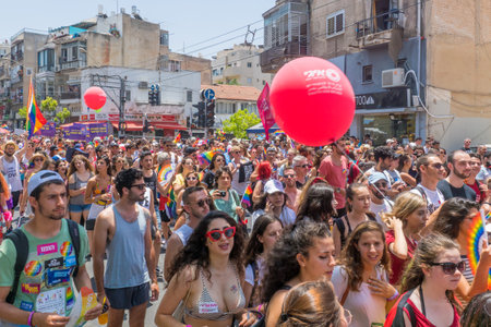 TEL-AVIV, ISRAEL - JUNE 08, 2018: Various people march and take part in the annual pride parade of the LGBT community, in Tel-Aviv, Israelのeditorial素材