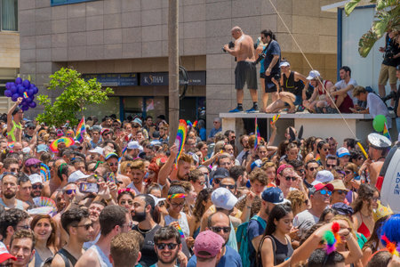 TEL-AVIV, ISRAEL - JUNE 08, 2018: Various people march and take part in the annual pride parade of the LGBT community, in Tel-Aviv, Israelのeditorial素材