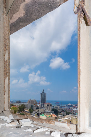 HAIFA, ISRAEL - JULY 20, 2018: View of the downtown district of Haifa, and the harbor from Hadar HaCarmel neighborhood, Haifa, Israelのeditorial素材