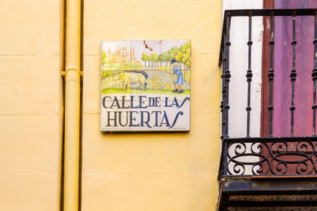 MADRID, SPAIN - JANUARY 1, 2018: Typical colorful street sign, in Madrid, Spainのeditorial素材