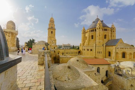 Jerusalem, Israel - October 19, 2018: The Dormition Abbey, with pilgrims, in Jerusalem, Israel
