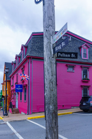Lunenburg, Canada - September 21, 2018: Historic wooden houses in King street, in Lunenburg, Nova Scotia, Canadaのeditorial素材