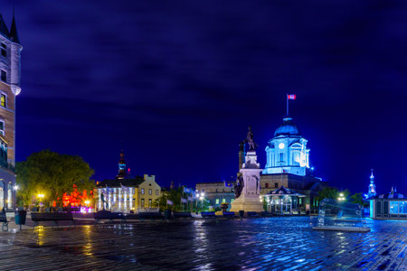 Quebec City, Canada - September 26, 2018: Night view of the Armes square (Place dArmes), in Quebec City, Quebec, Canadaのeditorial素材