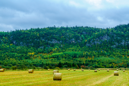 View of countryside and hills in Saint Andre, Quebec, Canadaの写真素材